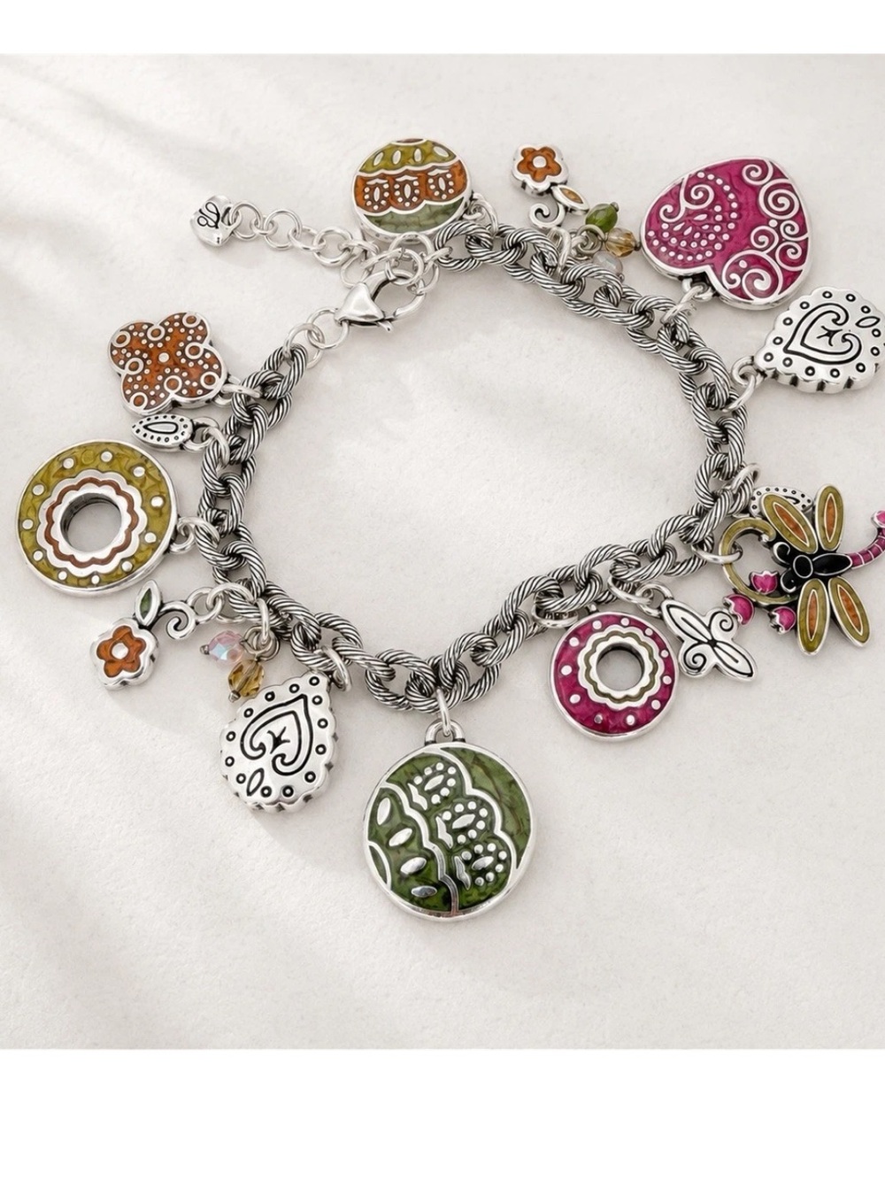 Brighton Trinidad Dragonfly Heart Enamel Charm Bracelet.  centerpiece dragonfly,
